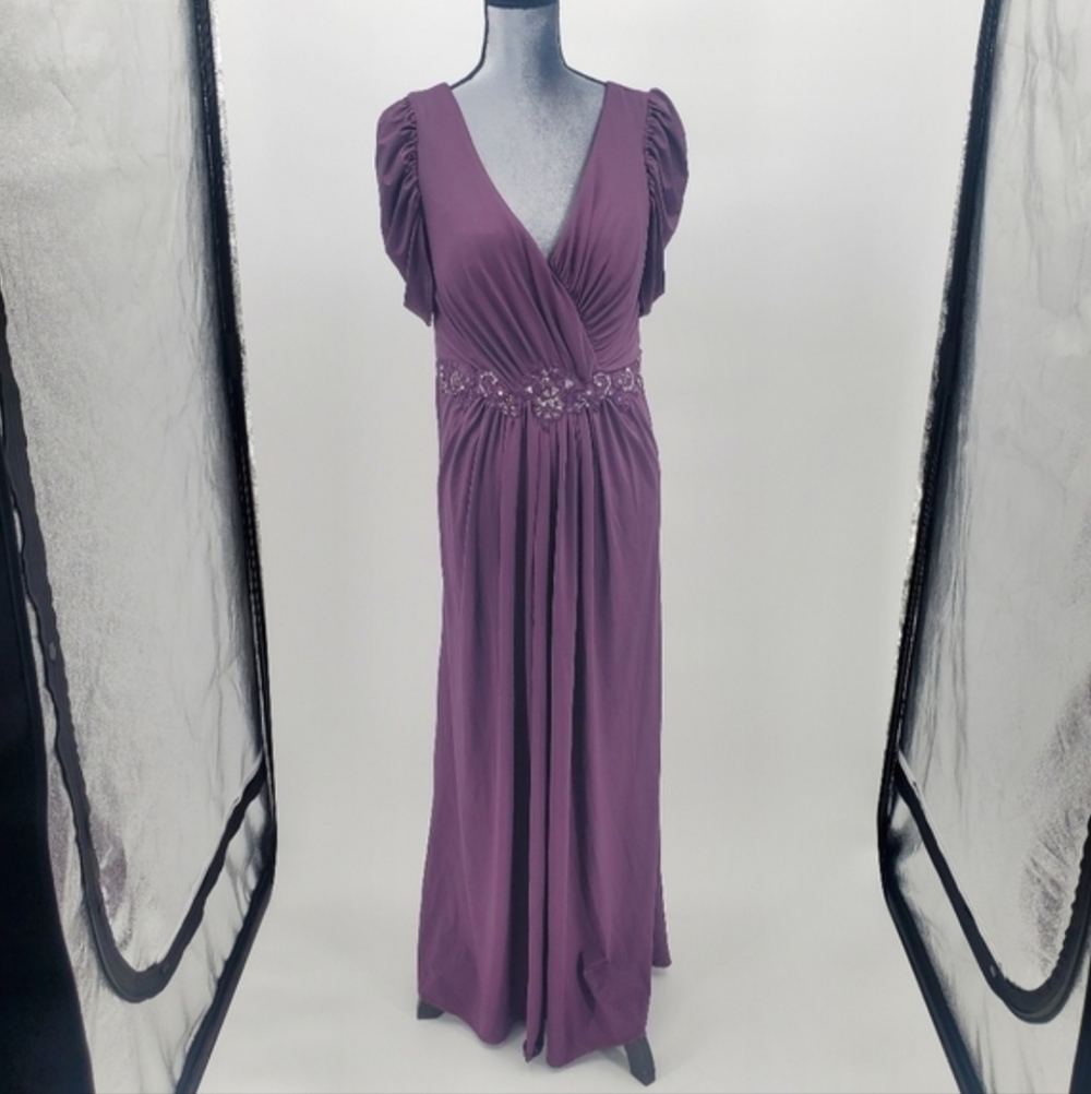 ◇ Azazie Purple Puff Sleeve Floor Length Gown Size C (XL)
